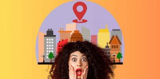 donna sorpresa, illustrazione di una città alle spalle