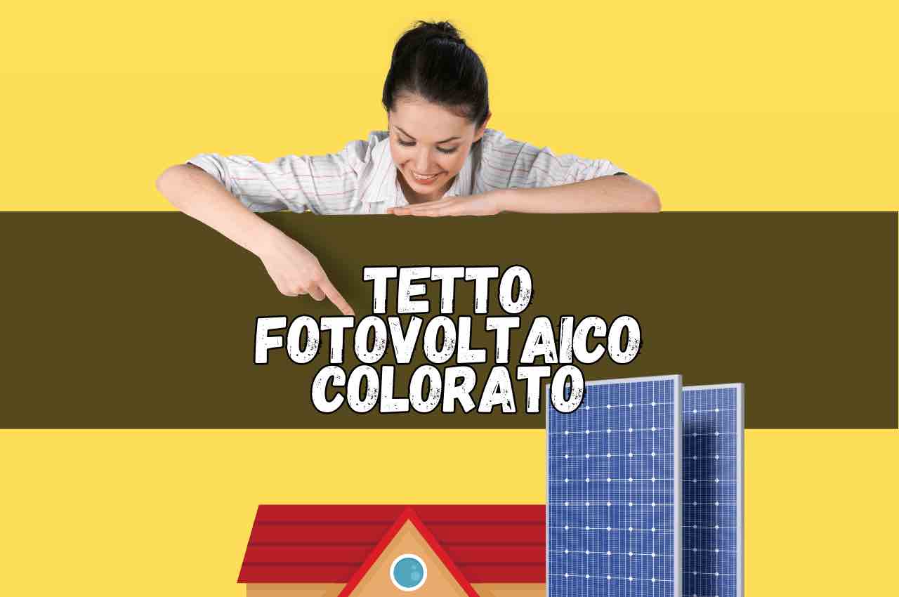 Donna che indica un tetto rosso e accanto i pannelli fotovoltaici